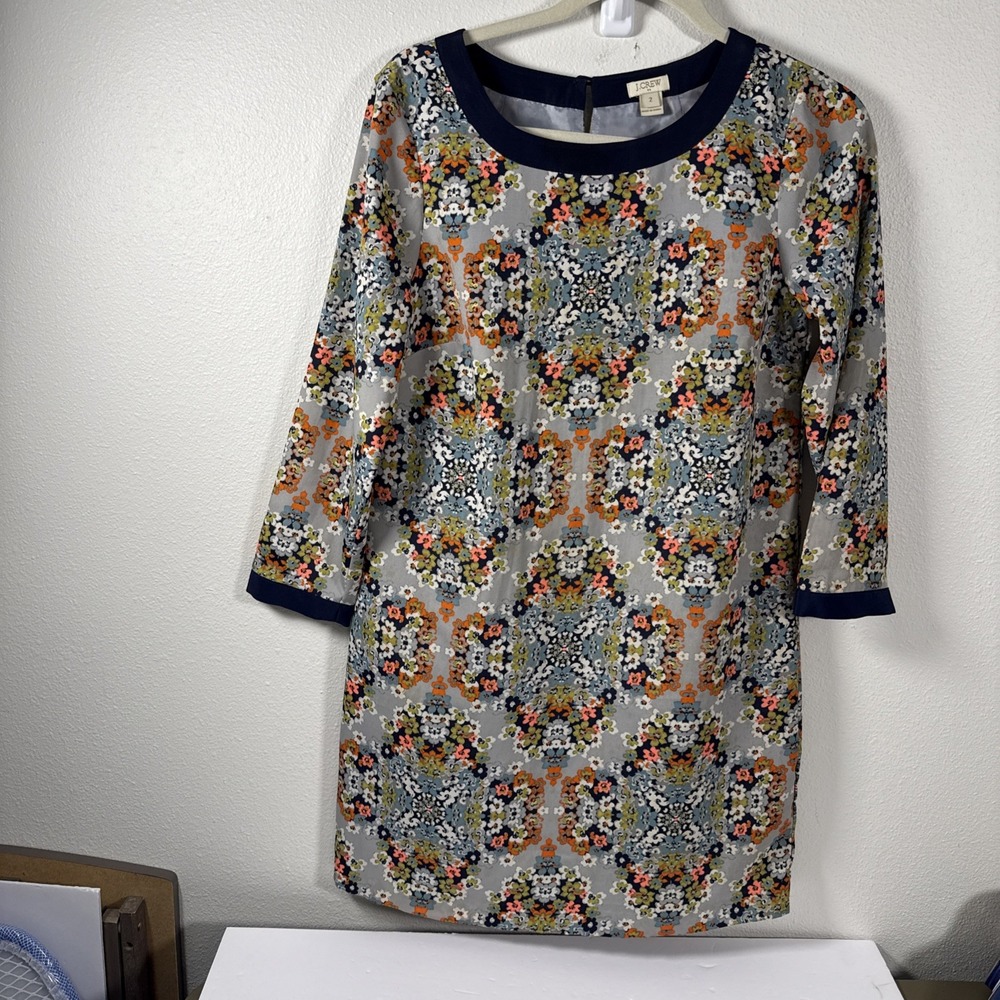 Women's J Crew Blue Floral Print Short Sleeve‎ Midi Dress Size 2 Lined T1